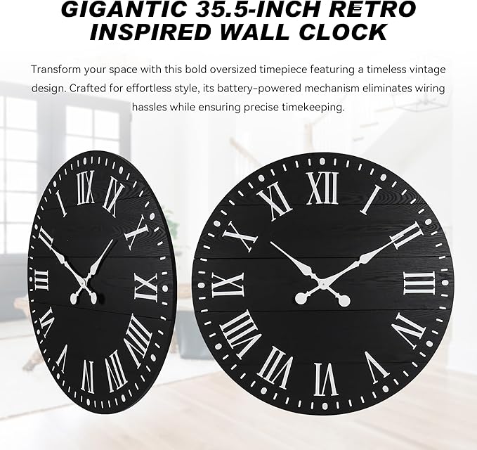 35" Large Wall Clock, Shiplap Wall Clock with Roman Numeral Nearly Non-Ticking Farmhouse Round Wall Clocks for Living Room Decor, Office, Bedroom, Entrance, Black