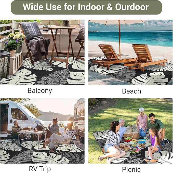 GAOMON Waterproof 8x10 Outdoor Rug Reversible Plastic Straw Rug Modern Patio Carpet, Foldable Lightweight RV Camping Mat with Portable Bag & 4 Stakes, UV Resistant & Sturdy for Picnic, Beige