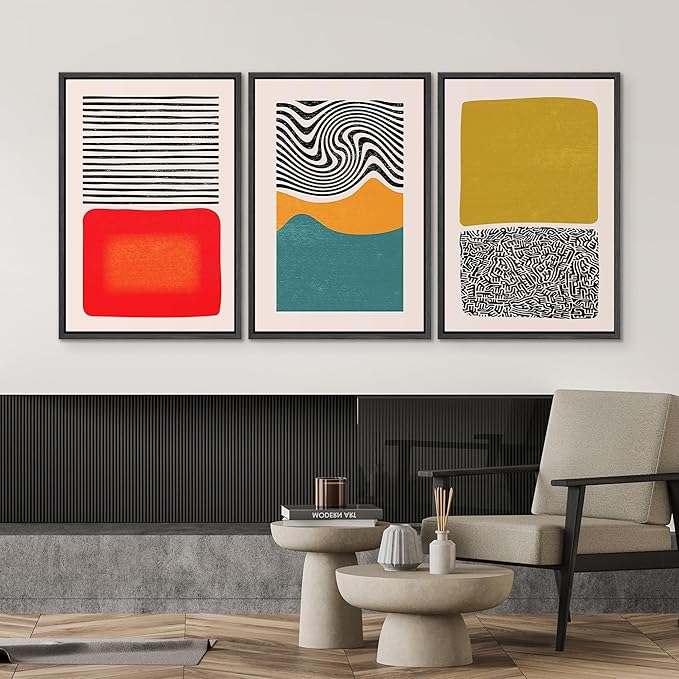 SIGNWIN Framed Canvas Print Wall Art Set Mid-Century Color Blocks & Spirals Abstract Shapes Illustrations Modern Art Contemporary Minimal Ultra for Living Room, Bedroom, Office - 24"x36"x3 Black
