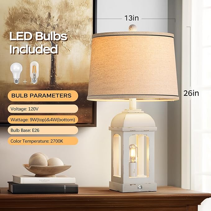QiMH Table Lamp for Living Room, Farmhouse Lamps with USB A+C and Nightlight, 26" Rustic Bedside Lamps with 3-Way Dimmable Touch Control, Nightstand Lamp for Bedroom, Shabby White, 1 Pack