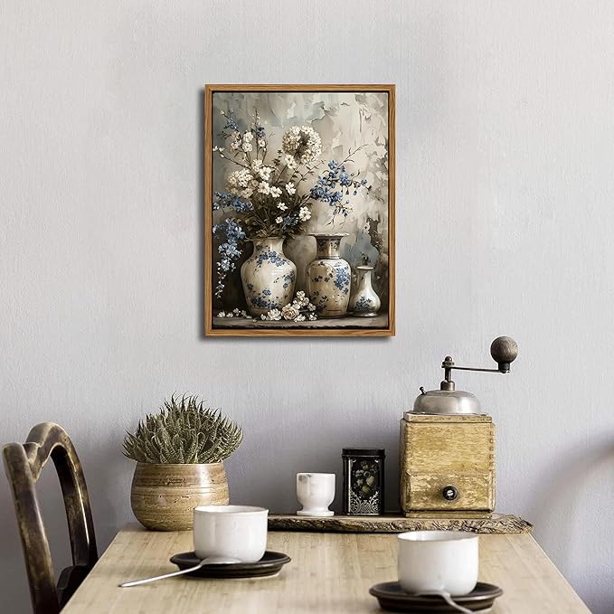 Floating Framed Farmhouse Floral Canvas Wall Art, Vintage Blue and White Flower Pictures Wall Decor, Elegant Art Jar Posters Print for Living Room Bedroom Bathroom Rustic Decor 12x16 inch