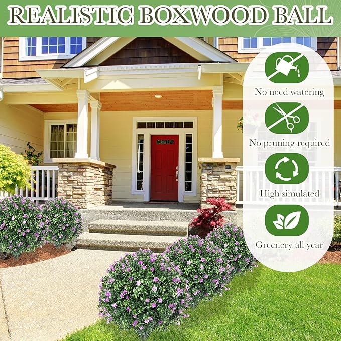 Yunlly Set of 2 Artificial Boxwood Topiary Ball Tree Fake Bushes Shrubs Outdoor Faux Plant with Ground Spike Flowers UV Resistance Greenery for Front Porch Garden Patio Indoor(Light Purple,27x18inch)