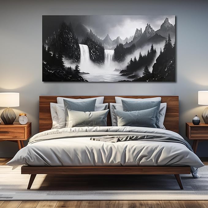 Mountain Hand Painting Wall Decor For Living Room - Extra Large Waterfall Pictures Wall Art For Office - Landscape Canvas Wall Art For Bedroom Size 36 x 72 Inch