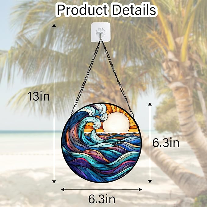 Stained Glass Window Hanging, Big Wave Sun Suncatcher Diamond Glass Panel Hangings Abstract Sun Catchers Decor for Birthday for Women, Men, Wife, Aunt,and Mom 6.3X6.3IN