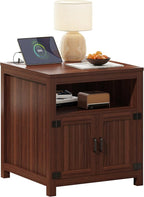 Farmhouse End Table with Charging Station, 24" Large Side Table with Open Shelf and Storage Cabinet, Wood Square Bedside Table Nightstand for Living Room, Bedroom (Espresso)