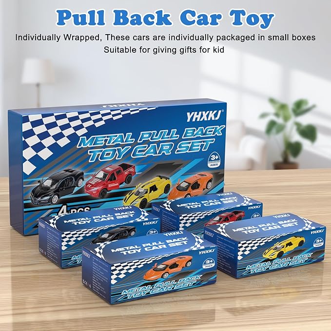 1/36 Metal Diecast Cars Toy with Opening Doors,4 PCS Pull Back Cars Set,Contain Truck Toys,Race Car and Kids Car Toys,Boy Toy for Age 3 4 5 6 7