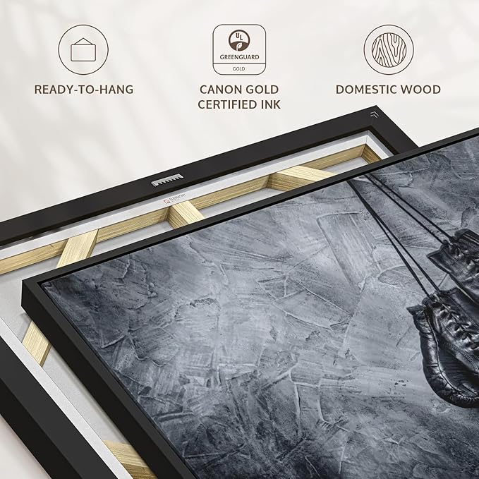 ElephantStock Boxing Gloves Wall Art - Horizontal Framed Canvas - 1-Piece Living Room Wall Decor - Photography Sports Canvas Print - Black and Gray Decor for Wall - 40" X 27"