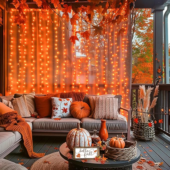 JMEXSUSS 300LED Orange Halloween Lights with Remote, 9.8x9.8ft Halloween Curtain Light, 8 Modes Orange Hanging String Lights Plug in for Fall Bedroom Thanksgiving Window Party Indoor Outdoor Decor