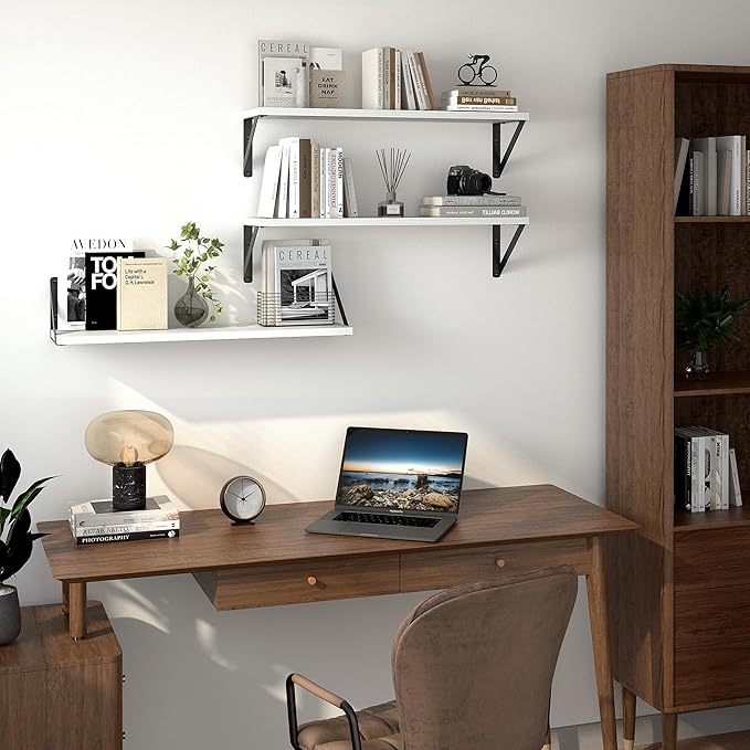 Heimlove Floating Shelves for Wall, 24 Inch Long Wood Floating Shelves Set of 3, Wall Mounted Hanging Shelf for Bathroom Bedroom Kitchen, White