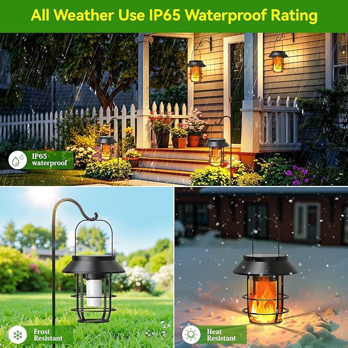 Solar Lanterns Outdoor Waterproof, Upgraded Flickering Flames Hanging Solar Lights for Outside with Wall Hooks, Halloween Decor Retro Metal Outdoor Lanterns Auto On/Off for Patio, Yard Decor