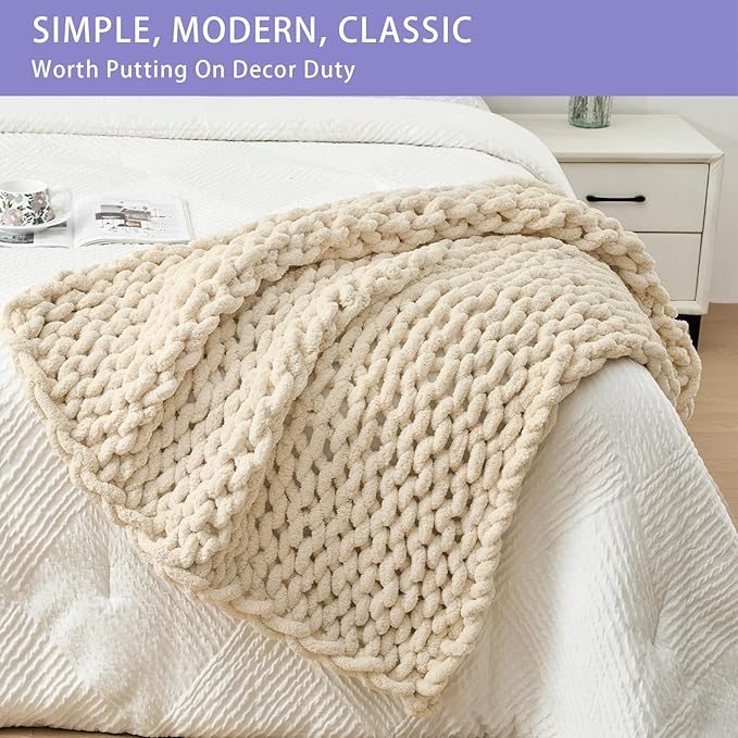 Bigacogo Chunky Knit Throw Blanket for Couch, 40x40 inches, 100% Hand Knitted with Thick Jumbo Chenille Yarn, Cozy Soft Large Rope Knot Cable Crochet Blankets for Sofa Bed Living Room, Beige