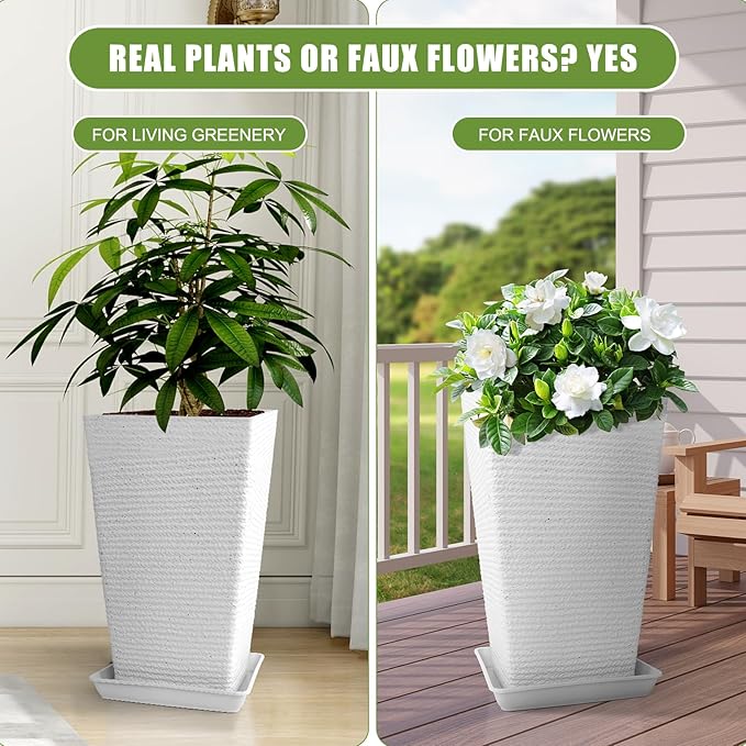 Tall Planters Set Of 2 for Outdoor Indoor Plants,21.3in Large Tapered Plant Pots with Drainage Trays Holes,White Resin Extra-Thick Flower Pots for Outdoor Patio Front Porch Backyard Decor