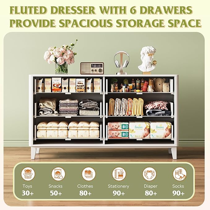 WLIVE Fluted Dresser for Bedroom with 6 Drawers, 54" Wide Wood Dresser with Golden Metal Handles, TV Stand for 65 inch TV, Mid Century Modern Chest of Drawers for Living Room, Hallway, Closet, White