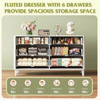 WLIVE Fluted Dresser for Bedroom with 6 Drawers, 54" Wide Wood Dresser with Golden Metal Handles, TV Stand for 65 inch TV, Mid Century Modern Chest of Drawers for Living Room, Hallway, Closet, White