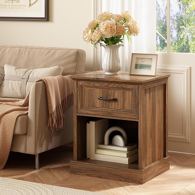 CARPETNAL 20" Farmhouse Nightstand, End Table with Large Drawers & Open Storage, Side Table, Bedside Cabinet for Bedroom, Living Room, Walnut