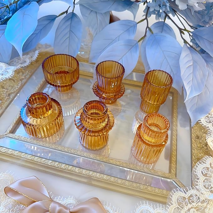 Double Sided Vintage Ribbed Taper Glass Candle Holders,Tea Candle Holder for Table Centerpieces, Wedding Decorations and Dinner Parties (Amber, 6 PCS)