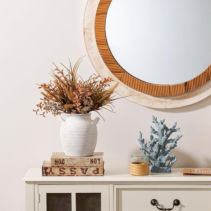 Ceramic Flower Vase Home Decor - Farmhouse Table Vases with Handle Living Room Decoration Vintage Decorative Aesthetic for Shelf Coffee Dining Desk House Bookshelf Fireplace (7.1" Rustic)