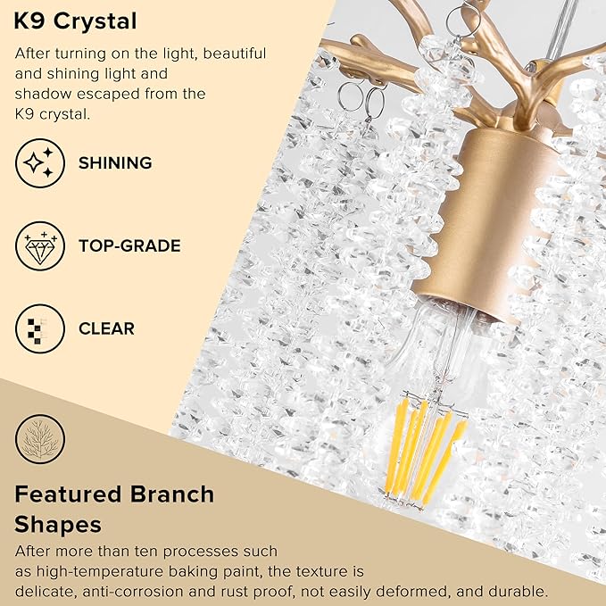 Plug in Crystal Chandelier with 15Ft Cord Modern Pendant Light for Bedroom Mini Antler Hanging Lamp for Kitchen Island Dinning Bedrooms and Hallway(1 Light)