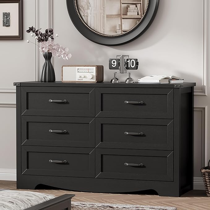 Dresser for Bedroom with 6 Drawers, 48" Wide Wood Chest of Drawers with Deep Drawers & Mental Handle, Modern Dresser TV Stand, Wooden Closet Storage Organizer for Living Room, Hallway, Entryway, Black