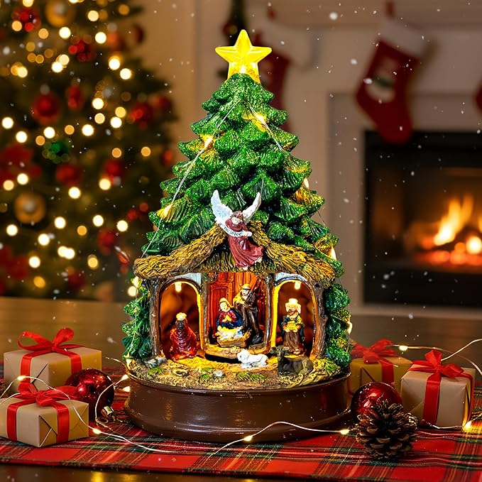 Christmas Tree Lighted and Animated Manger Nativity Scene, Musical Angel Family Figurines LED Light Play Silent Night Music, Ideal Xmas Decor Gifts and Tabletop Xmas Collection Decorations for Home