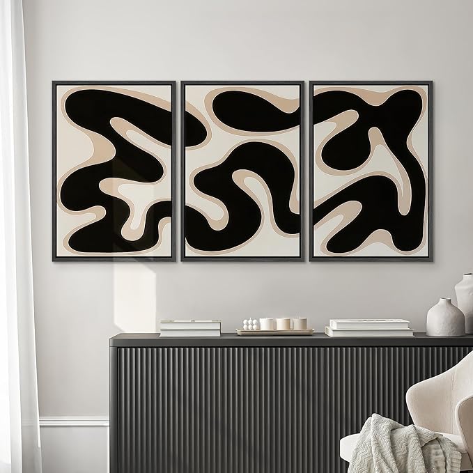SIGNWIN Framed Canvas Print Wall Art Modern Abstract Organic Shapes Black and Beige Fluid Pattern Photography Modern Art Minimalist Black and White for Living Room, Bedroom, Office - 24"x36"x3 Black