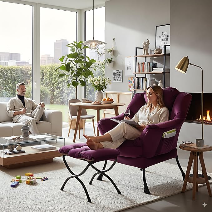Lazy Chair and Ottoman, Large Accent Lounge Chair with Armrests and a Side Pocket, Modern Leisure Upholstered Sofa Reading Armchair with Footrest for Bedroom, Living Room, Dorm Rooms, Office