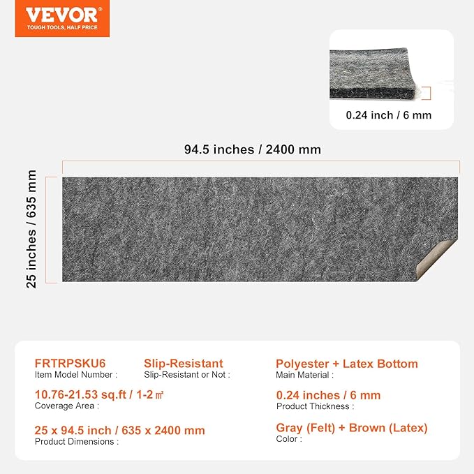 VEVOR Slip-Resistant Rug Pad, Protective Cushioning Carpet Pad, 2'x8' (7.87' Actual) - 1/4"Thick - Dual Surface - Polyester Felt + Latex, 1-2㎡ Area Carpet Padding Rug Cushion Safe for All Floors, Grey