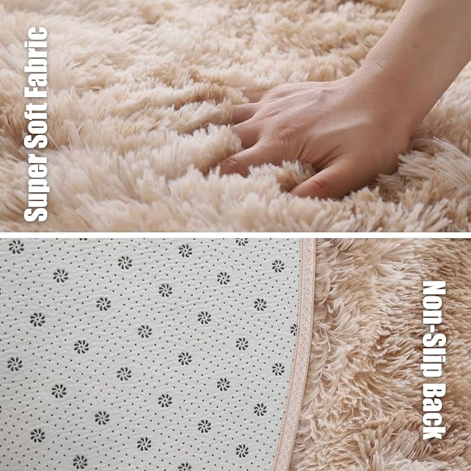 Fluffy Round Rug,Soft Area Rugs for Girls Room,Shaggy Rugs 5'X5' for Living Room,Non Slip Circle Rug for Kids Bedroom,Shag Plush Nursery Carpets,Fuzzy Rug for Dorm,Room Decor Carpet,Tie-Dyed Beige
