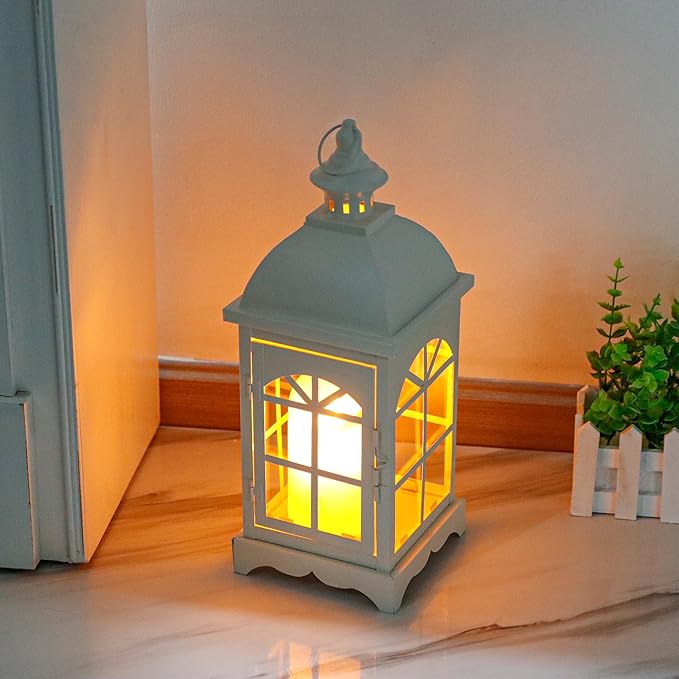 TRIROCKS Decorative Vintage Candle Lanterns 14.5" H Farmhouse Outdoor Hanging Lanterns with Tempered Glass for Porch, Balcony, Patio, Home, Centerpieces, Indoor, Outdoor(White)