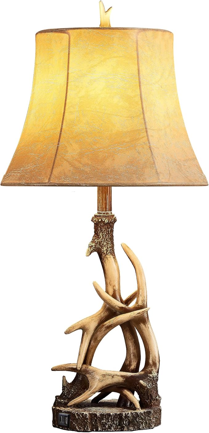 27.25'' Rustic Antler Table Lamps for Living Room with USB A + C Charging Ports Western Cabin Bedside Lamps for Bedroom Nightstand Lamps with Faux Leather Lampshade, Single, Bulb Not Included