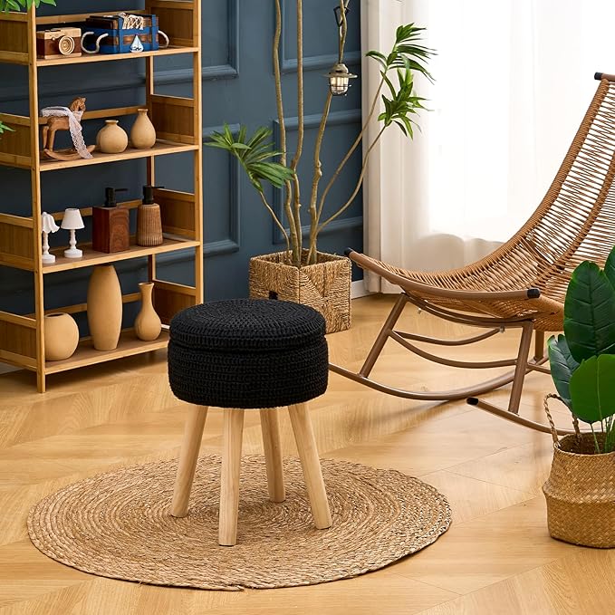 Wimarsbon Pouf Ottoman, 100% Cotton Knitted Boho Footstool, Round Footrest with Non-Skid Wood Legs, Home Décor Handmade Pouffe, Leisure Floor Step Stool for Living Room (High Storage Black)