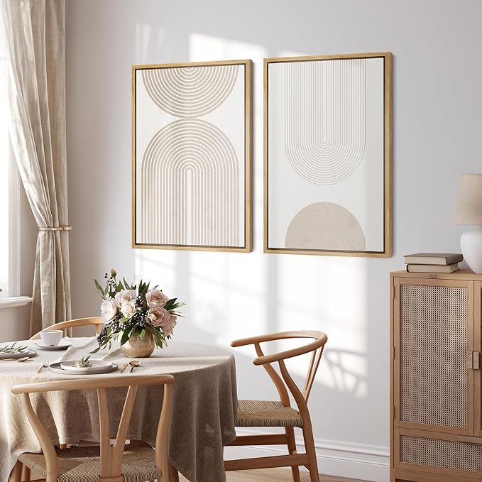 SIGNFORD Framed Canvas Print Wall Art Set Beige & White Duotone Geometric Spiral Polygons Abstract Shapes Illustrations Modern Art Decorative Minimalist Relax/Cozy for Bedroom - 24"x36"x2 Natural