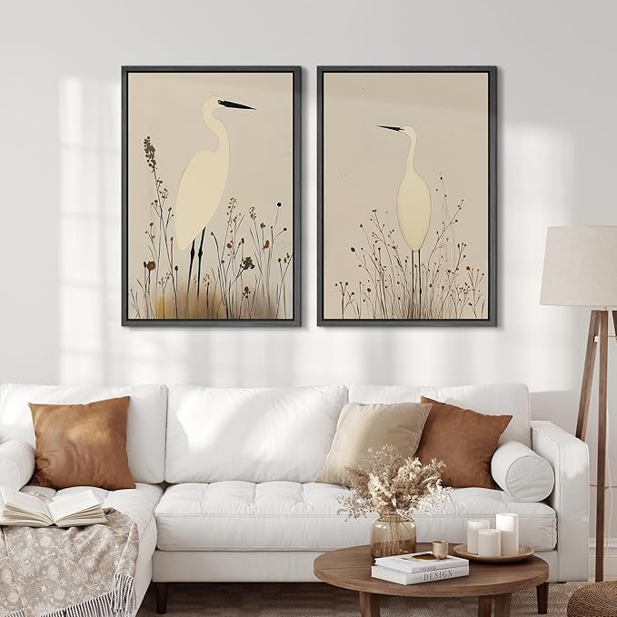 SIGNFORD Framed Canvas Print Wall Art Set Minimalist Heron Art Simplified Shapes in Neutral Tones Illustration Modern Art Decorative Nordic Nature for Living Room, Bedroom, Office - 16"x24"x2 Black