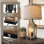 BOBOMOMO 23.75" Natural Wood Farmhouse Table Lamps Set of 2 – Retro Nightstand Lamps with 3 Way Dimmable Touch Control Night Light & USB A+C Ports, Rustic Lamps for Living Room, Bedroom, Entryway