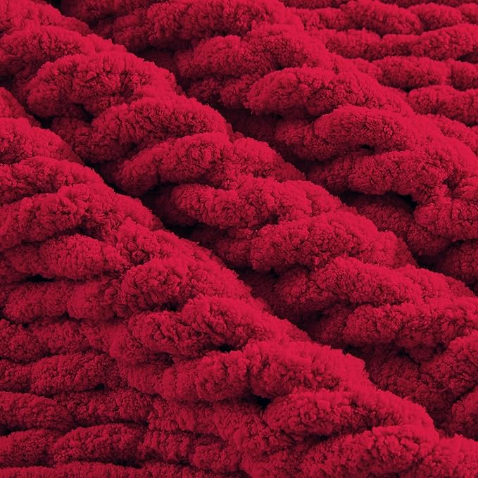 Carriediosa Chunky Knit Throw Blanket 60" X 80" Twin, 100% Hand Made Large Chenille Loop Yarn Soft Fluffy Throws for Couch Sofa Bed, Big Crochet Cozy Heavy Thick Cable Woven Blankets, Red