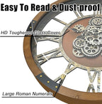 DORBOKER 24" Original Moving Gears Wall Clock, Large Industrial Wall Clock for Living Room Decor, Retro Wood Vintage Farmhouse Steampunk Rustic Clocks for Wall Decor,Brown Nanmu