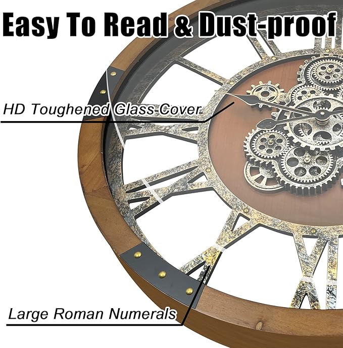 DORBOKER 24" Original Moving Gears Wall Clock, Large Industrial Wall Clock for Living Room Decor, Retro Wood Vintage Farmhouse Steampunk Rustic Clocks for Wall Decor,Brown Nanmu