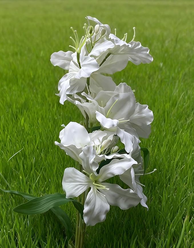 10-Bud Artificial Lily Flowers, 4 Pcs Fake Outdoor Flowers, UV Resistant Faux Flowers for Outdoor Planters, Silk Flowers for Wedding Decoration (White)