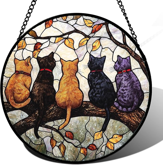 Stained Glass Window Hanging - 5 Cats on a Branch Suncatcher for Window Doors Home Decoration and Christmas, Mother's Day Father's Day Birthday Gifts for Women, Men, and Mom 14.9x14.9 in