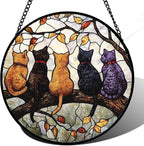 Stained Glass Window Hanging - 5 Cats on a Branch Suncatcher for Window Doors Home Decoration and Christmas, Mother's Day Father's Day Birthday Gifts for Women, Men, and Mom 14.9x14.9 in