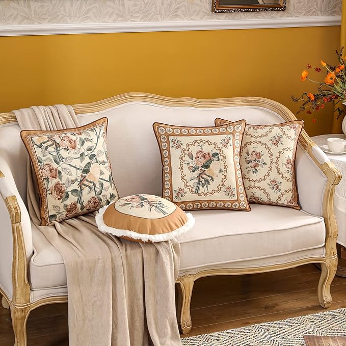 patdrea Designer Vintage Floral Throw Pillow Covers for Couch Set of 4,Brown Yellow Linen Pillowcases with Bird and Rose Pattern Decorative Cushion Cover for Bedroom Living Room Outdoor Car Cafe