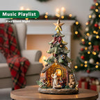 12'' Christmas Tree Lighted Manger Nativity Scene, Musical Holy Family Figurines LED Light Play Silent Night Music, Battery & USB Home Decor Gifts Festive Holiday Decorations