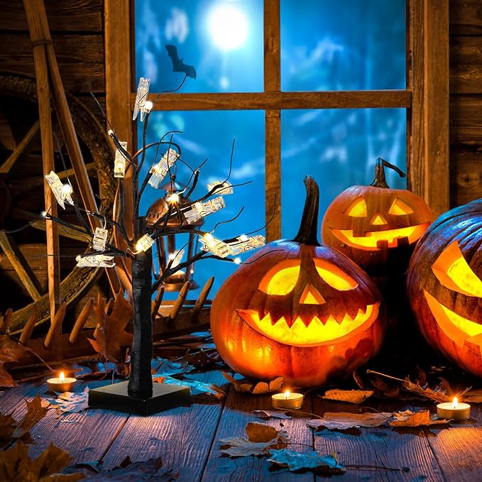 Mudder Money Holder Tree Present Card Holder with 12 Clear Clips LED Birch Twig Lights Tabletop Display Tree for Christmas, Valentines, Memo, Photo, Wedding(Fresh Style,Black, Warm White)