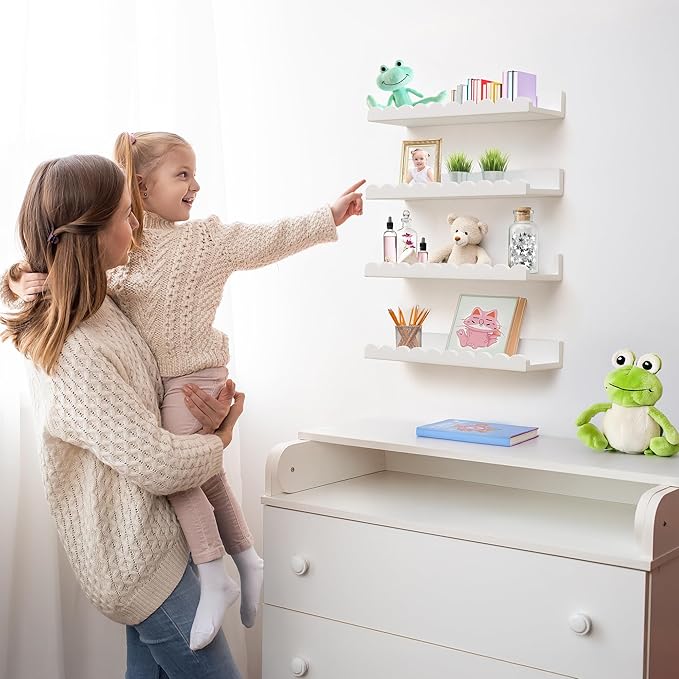 Scalloped Shelves - Set of 4 Pre-Assembled 24inch White Floating Nursery Book Shelves, Scalloped Book Shelf - Kids Wall Bookshelf, Nursery Decor, Floating Shelves for Wall
