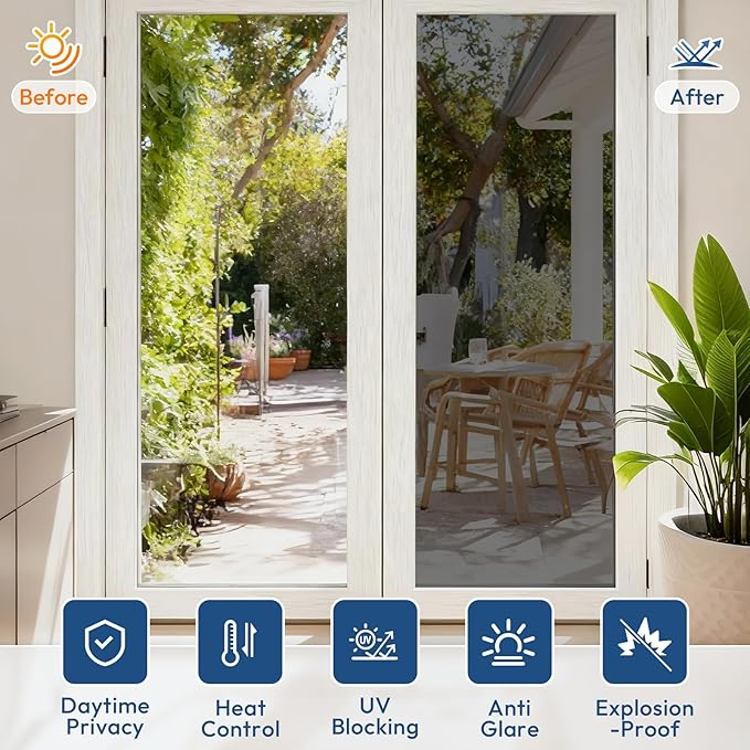 rabbitgoo Window Tint for Home One Way Privacy Window Film See Out Not In Heat UV Blocking Reflective Removable Static Cling Mirror Decorative House Glass Covering, Black Silver, 23.6 Inch X 13.1 Feet