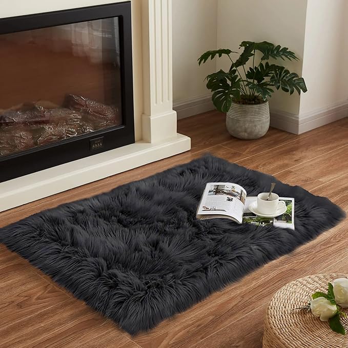 Goolela Black Fluffy Faux Fur Rug 2x3 Black Fuzzy Furry Sheepskin Rug Small Carpet for Bedroom Dorm Bathroom Washable Rectangle