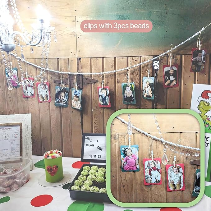 6 Feet Wooden Beads Garland with Clothespins Picture Cards Holder - Country Farmhouse Christmas Nursery Boho Holiday Decorations with Clips