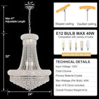 14 - Light Unique Empire Crystal Chandelier with Adjustable Chain for High Ceiling Foyer Entryway Living Room Dining Room Bedroom Chrome Finish