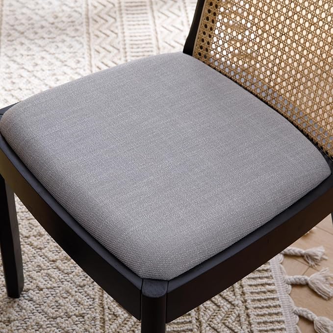 Mid Century Dining Chairs Set of 2, Accent Rattan Side Chairs Linen Fabric Kitchen Chair with Solid Wooden Legs for Living Room Dining Room, Grey