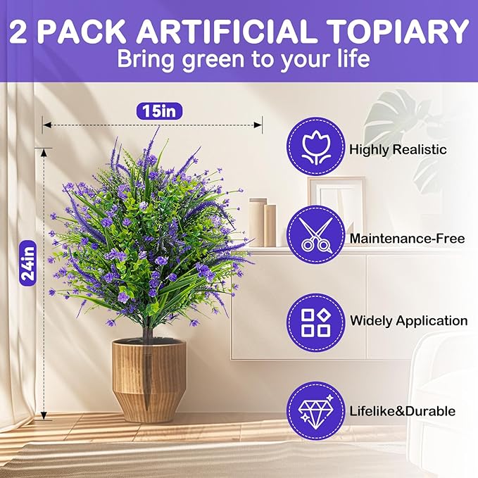 Artificial Boxwood Topiary Ball Trees with Ground Spikes UV Resistant Faux Greenery Shrubs Fake Shrubs for Outdoors, Realistic Faux Plants Bushes for Garden Porch Yard Patio Decor (Purple Flower)